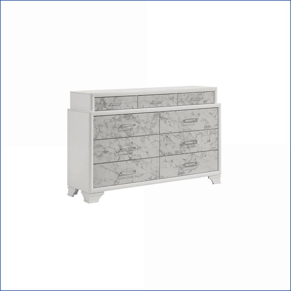 Dresser, Contemporary White Manufactured Wood with 9 Marble-Pattern Drawers | White | Manufactured Wood