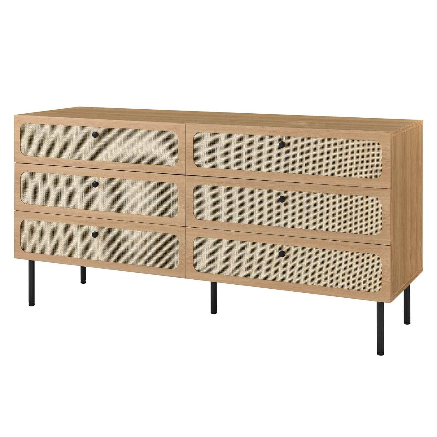 Oak and Rattan 6-Drawer Dresser with Adjustable Feet