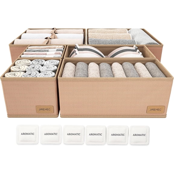 Dresser Drawer Organizer Clothes, 6 Pack Foldable Storage Boxes with Zipper, 600D Fabric, Cream, Drawer Dividers for Underwear, Socks, Baby Clothes