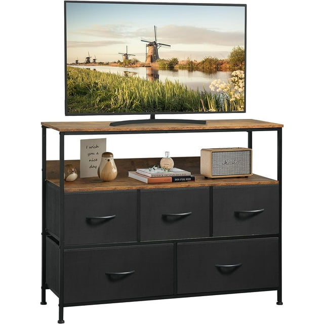 Dresser Drawers TV Stand, Entertainment Center with Shelves, Storage Console Table with 5 Fabric