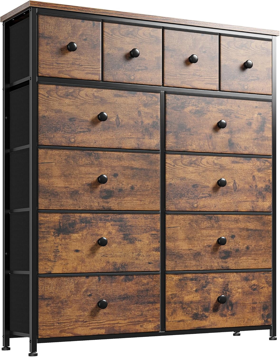 Rustic Brown Tall Dresser with 12 Deep Drawers and Metal Frame