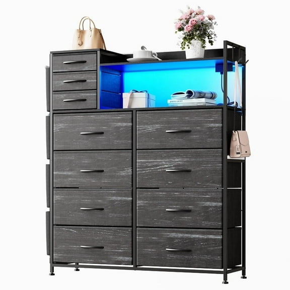 Dresser with Fabric Drawers with 8+3 Drawers for Storage Clothes,4 Side Pockets,Charging Station & LED Lights,Hooks,Shelves,Sturdy Metal Frame,Wood Top for Bedroom Living Room,Hallway,Closet