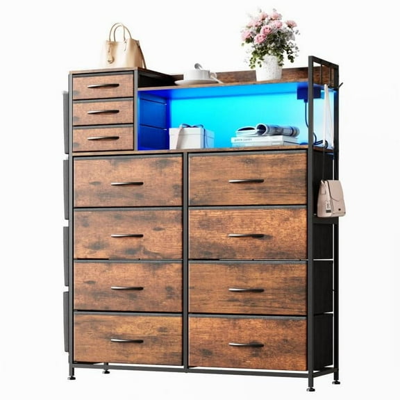Dresser with Fabric Drawers with 8+3 Drawers for Storage Clothes,4 Side Pockets,Charging Station & LED Lights,Hooks,Shelves,Sturdy Metal Frame,Wood Top for Bedroom Living Room,Hallway,Closet