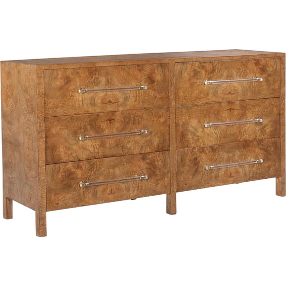 Dresser Fremont Contemporary Burled Ash Wood Lucite Handles 6-Drawer Soft Close