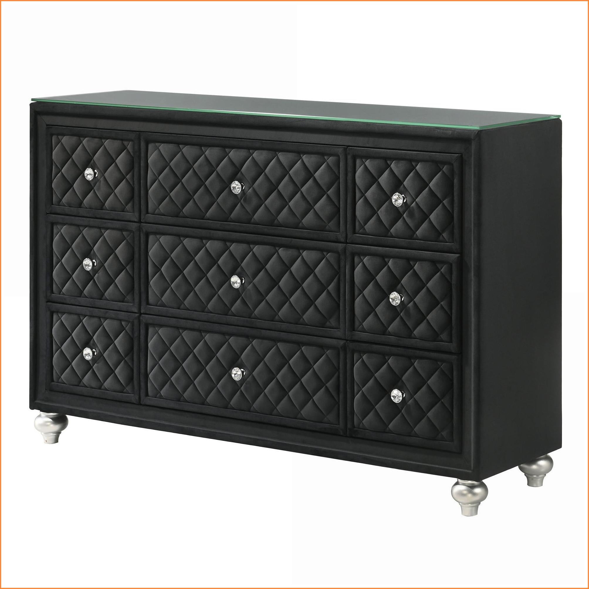 Dresser, Glam 9-Drawer with Velvet Tufted Fronts & Faux Crystal Knobs | Black | Wood Dresser, Glam 9-Drawer with Velvet Tufted Fronts & Faux Crystal Knobs | Black | Wood