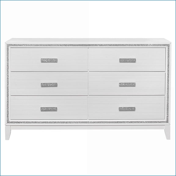 Dresser | Glitter White Transitional Glam | Spacious Drawers | Crushed Crystal Trim | White | Solid Wood+MDF