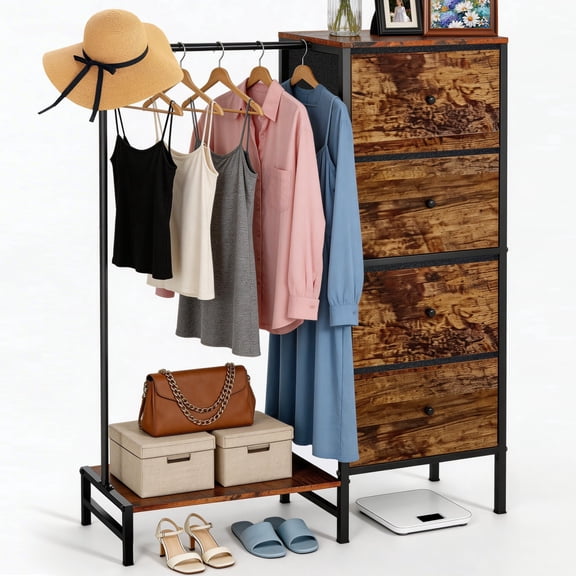Rustic Wood & Metal 4-Drawer Dresser with Hanging Rod, Shoe Shelf & Top Storage – Space-Saving Organizer for Bedroom, Entryway or Closet