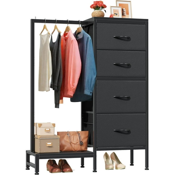 Dresser with Hanging Rack, 4 Drawers Small Closet for Bedroom, Reversible Fabric Chest of Drawers with Clothes Rack, Tall Storage Tower, Sturdy Frame, Black, 44''H