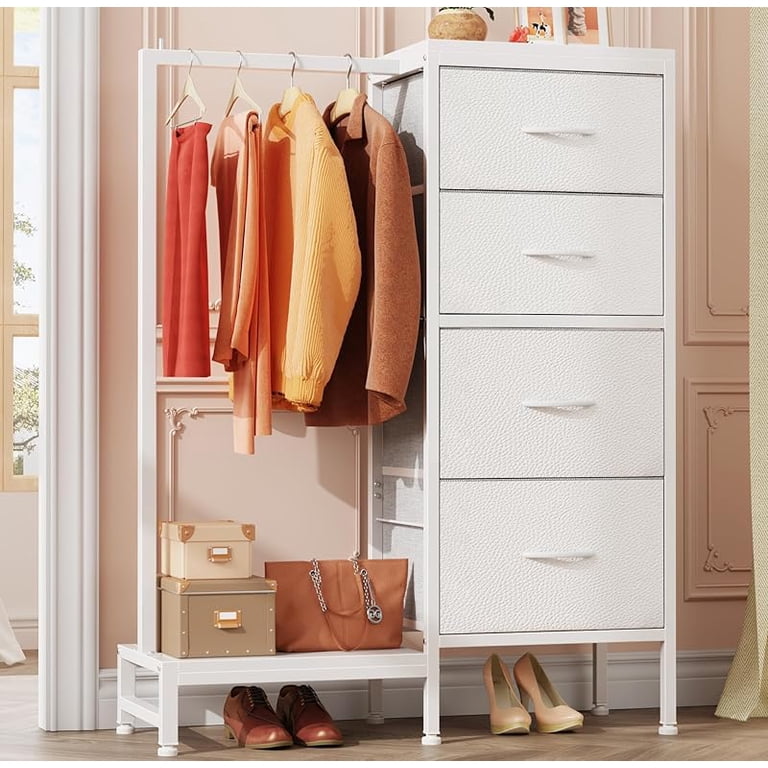 tall and short dresser side by side Dresser with Hanging Rack, 4 Drawers Small Closet for Bedroom, Reversible Fabric Kids Chest of Drawers with Clothes Rack, Tall Storage Tower, Sturdy