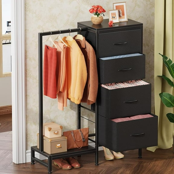 Dresser with Hanging Rack, 4 Drawers Small Closet for Bedroom, Reversible Fabric Kids Chest of Drawers with Clothes Rack, Tall Storage Tower, Sturdy Frame, White, 44''H