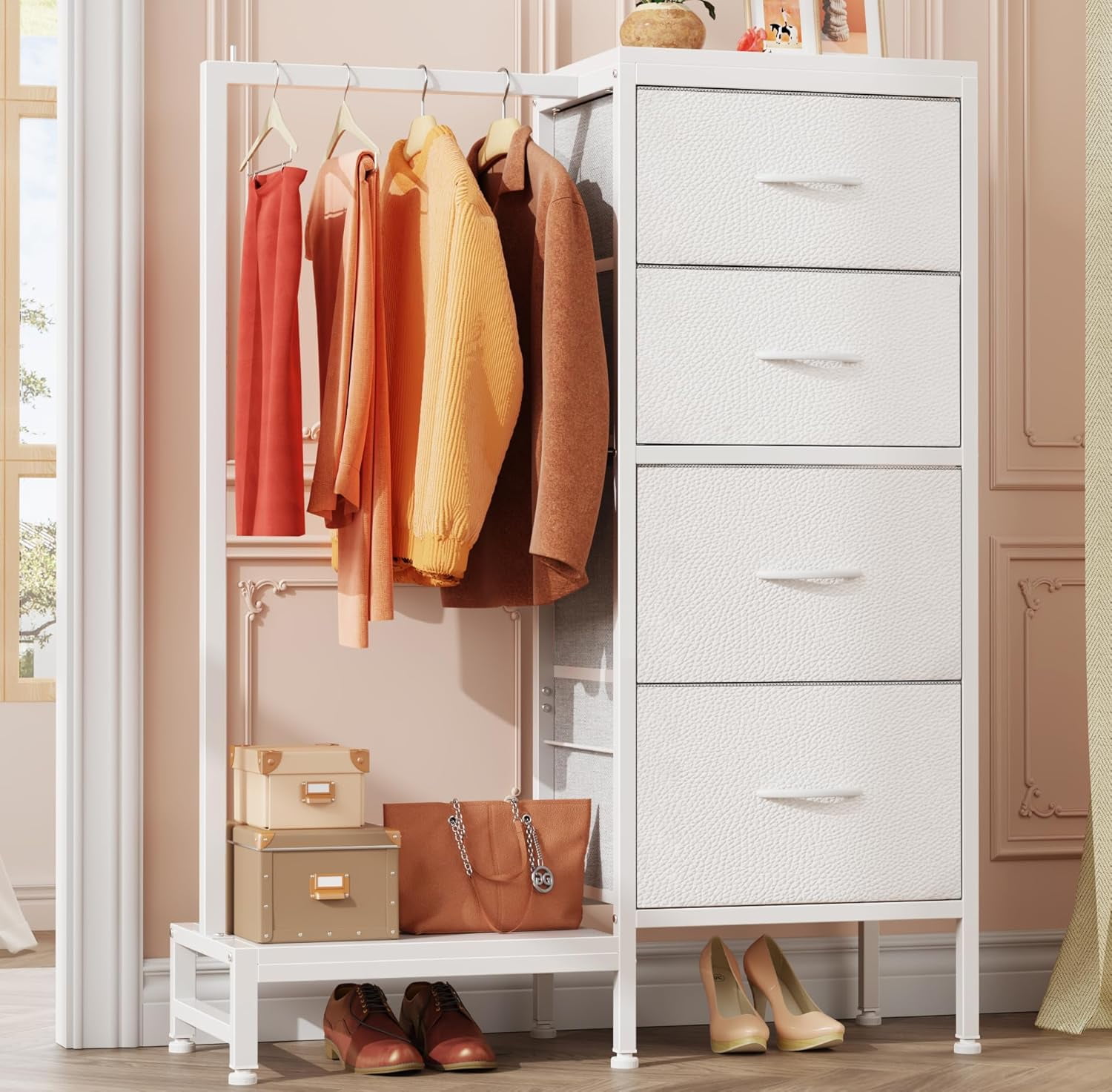 Dresser with Hanging Rack, 4 Drawers Small Closet for Bedroom