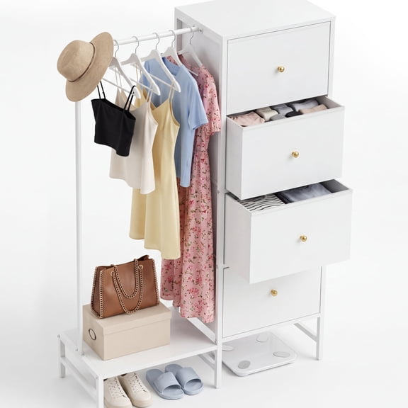 Dresser with Hanging Rack, 4 Drawers Small Closet for Bedroom, Reversible Fabric Kids Chest of Drawers with Clothes Rack, Tall Storage Tower, Sturdy Frame