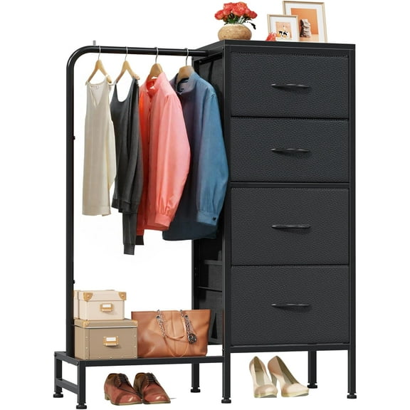 Dresser with Hanging Rack, 4 Drawers Small Dresser for Bedroom, Reversible Fabric Kids Chest of Drawers for Closet with Clothes Rack, Tall Storage Tower, Sturdy Frame, Black, 44''H