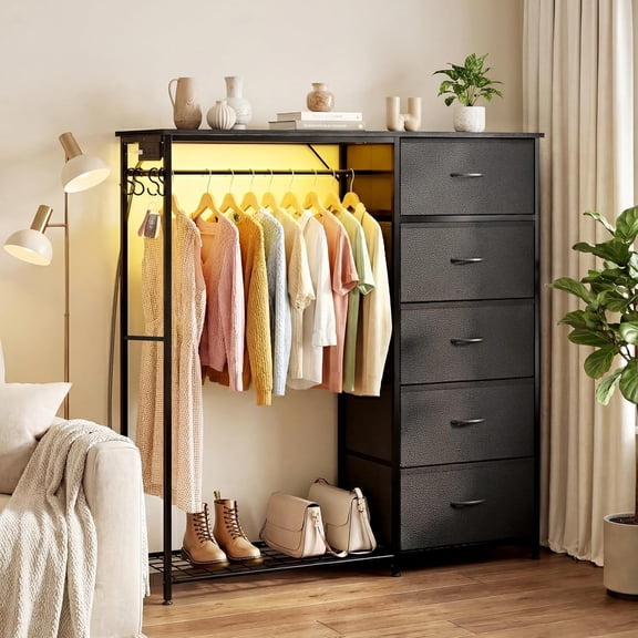 Dresser with Hanging Rack, 5 Drawers Cloest with Charging Station and Led Light, Tall Storage Tower with Clothse Rack, Sturdy Frame, Fabric Chest for Bedroom, Black
