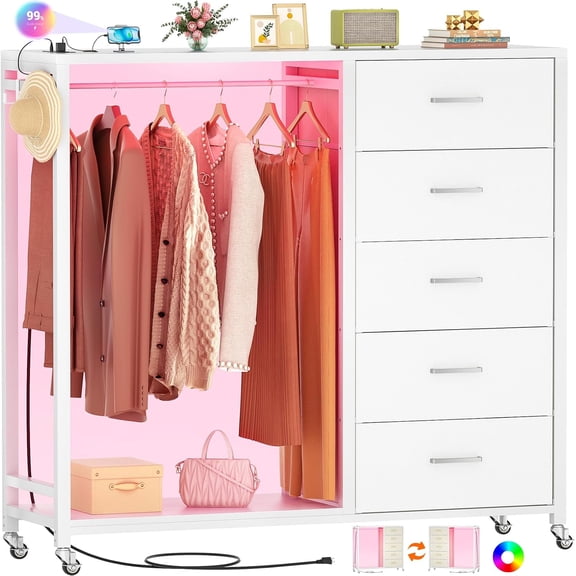 Dresser with Hanging Rack, 5 Fabric Drawers Dresser with Clothes Rack, Wooden Top Storage Chest of Drawers with Charging Station & LED Lights, Lockable Wheels, Closet