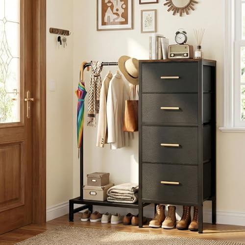 Dresser with Hanging Rack & CFR Certification, Reversible Black Dresser for Bedroom, Kids Chest of Fabric Drawers with Clothes Rack, Small Closet Organizer with Drawers, 44''H