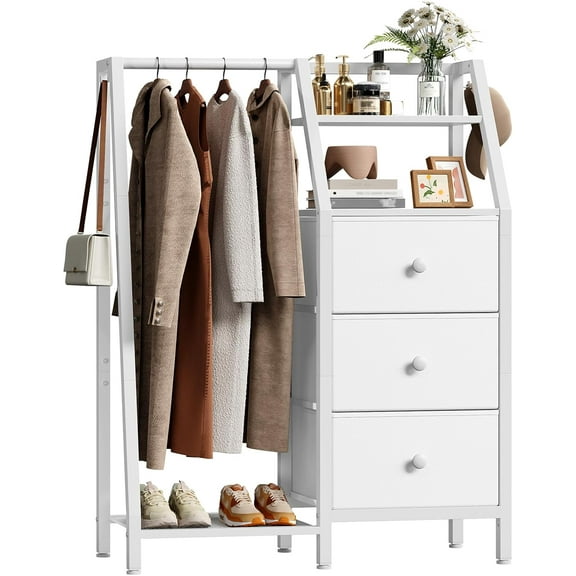 Dresser with Hanging Rack, Reversible Chest of Drawers for Bedroom, 3 Fabric Storage Drawers Dresser with Clothes Rack and Open Shelf, for Closet, Entryway, White