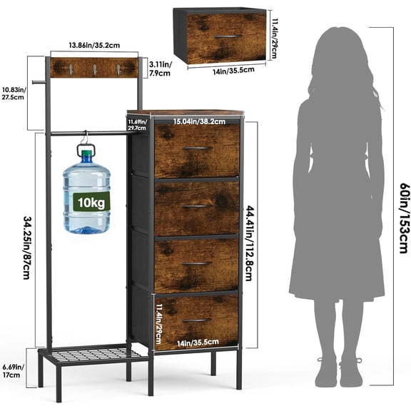 Dresser with Hanging Rack and Storage Drawers, 4 Drawer Chest with Hooks and Hat Rack, Rustic Entryway Organizer for Clothes, Bags, Shoes and Accessories, Brown Wood