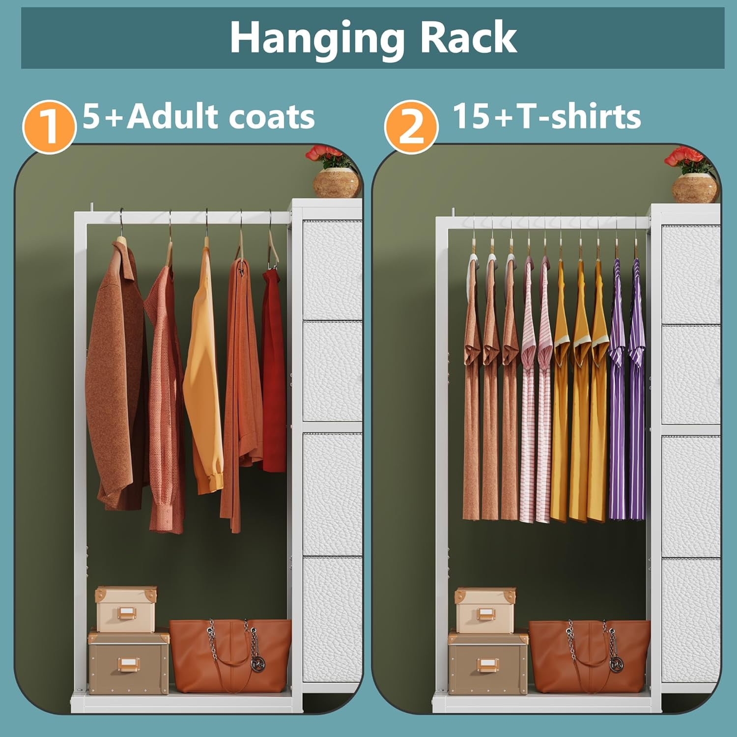 Dresser with Hanging Rack, Tall Storage Tower with 4 Fabric Drawers and ...