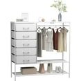 thumbnail image 1 of Dresser with Hanging Rack, White Dresser for Bedroom, Chests of Drawers for Closet, 5 Fabric Drawers Clothes Rack, with Sturdy Metal Frame, LED Lights, Charging Station, 1 of 16