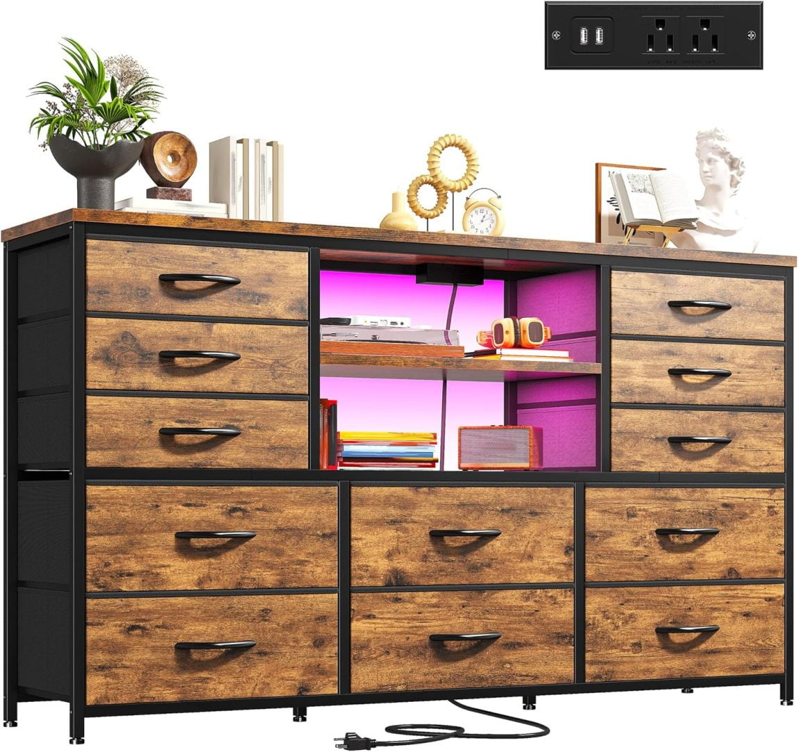 Dresser with LED Lights & Power Outlets, 12 Drawers Dresser TV Stand ...