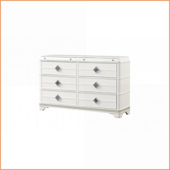 Dresser, Laguna Modern 6-Drawer with Hidden Jewelry Drawer & Crystal Accents | Wood | White