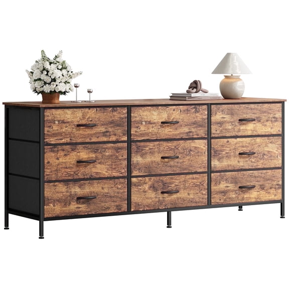 Huuger 54 Inch Dresser for Bedroom, TV Stand for 55, 60 Inch TV, 9 Drawer Chest of Drawers, Entertainment Center with Storage, Rustic Brown