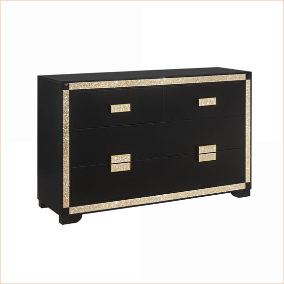 Dresser, Modern Glam with Glitter Detail & Thick Bar Handles | Black | Solid Wood+MDF