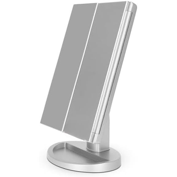 Dresser Mount Tri-Fold Lighted Vanity Mirror with 21 LED Lights, Touch Screen and 3X/2X/1X Magnification, Two Power Supply Modes Make Up Mirror,Travel Mirror Silver