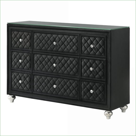 Dressers: Glam Nine-Drawer with Velvet Tufted Fronts, Faux Crystal Knobs | Black | Wood