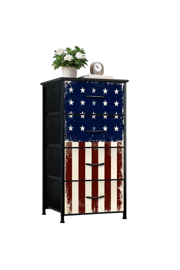 Dresser for Patriotic Bedroom with 4 Storage Drawers American Flag Vintage Distressed Patriotic Stars Stripes Dressers Chest of Drawers Steel Framed Fabric Closet Organizers Gifts for Dad Man