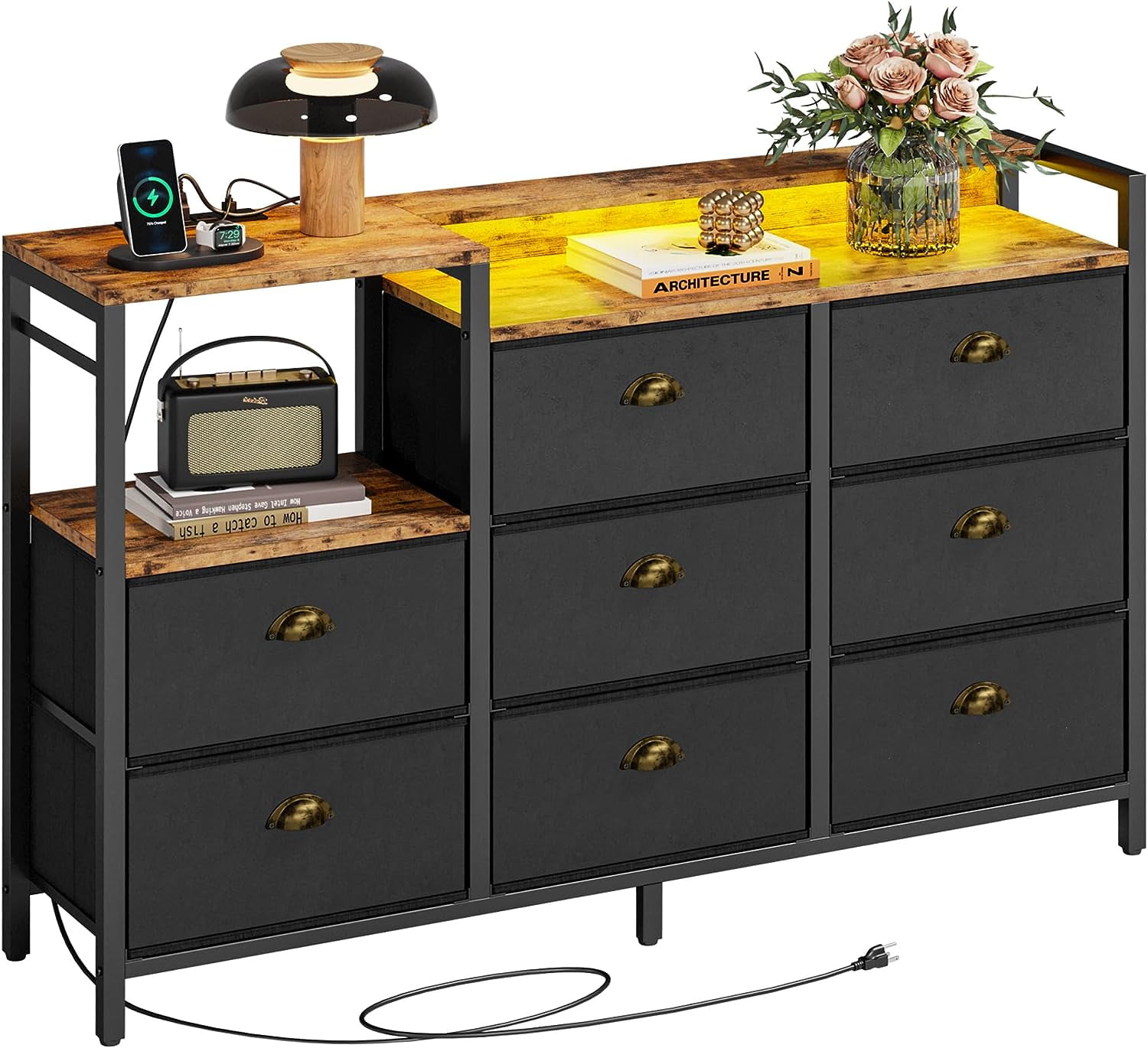 Dresser with Power Outlets and LED Lights, 8 PU Leather Drawers Dresser
