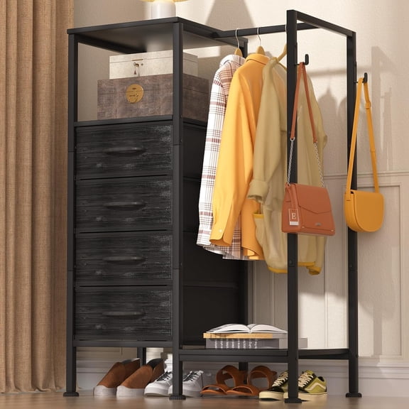 Dresser with Rack, 4 Drawers Small Closet for Bedroom, Reversible Fabric Chest of Drawers with Clothes Rack, Tall Storage Tower, Sturdy Frame, Black, 44''H