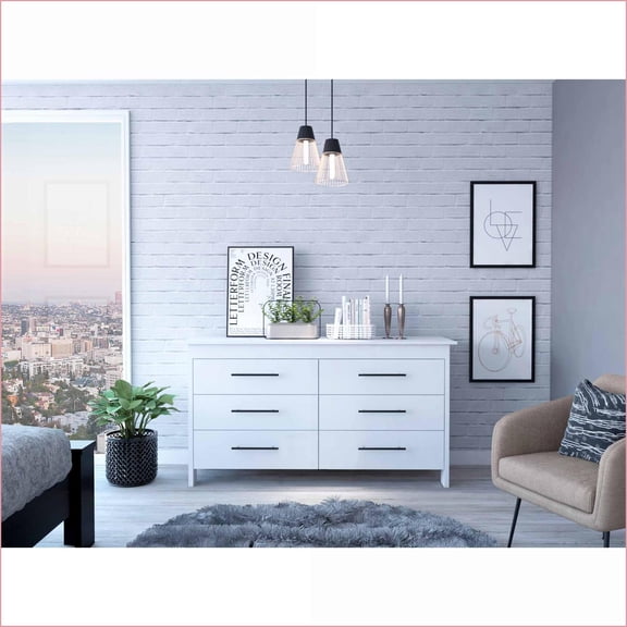 Dressers | Southington 6-Drawer Modern Rectangle White | White | Particle Board