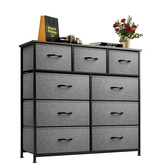 Dresser Storage Bin for Bedroom with 9 Drawers, Dark Grey Fabric Organizer Drawer Unit, Long Wide Chest for Living Room, Closet, Hallway, Nursery