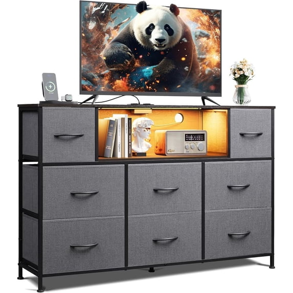 Dresser TV Stand for 45/50/55 Inch TV Entertainment Center with LED Lights & Charging Station 8 Fabric Drawers & Open Shelves for Living Room Hallway Wood Top