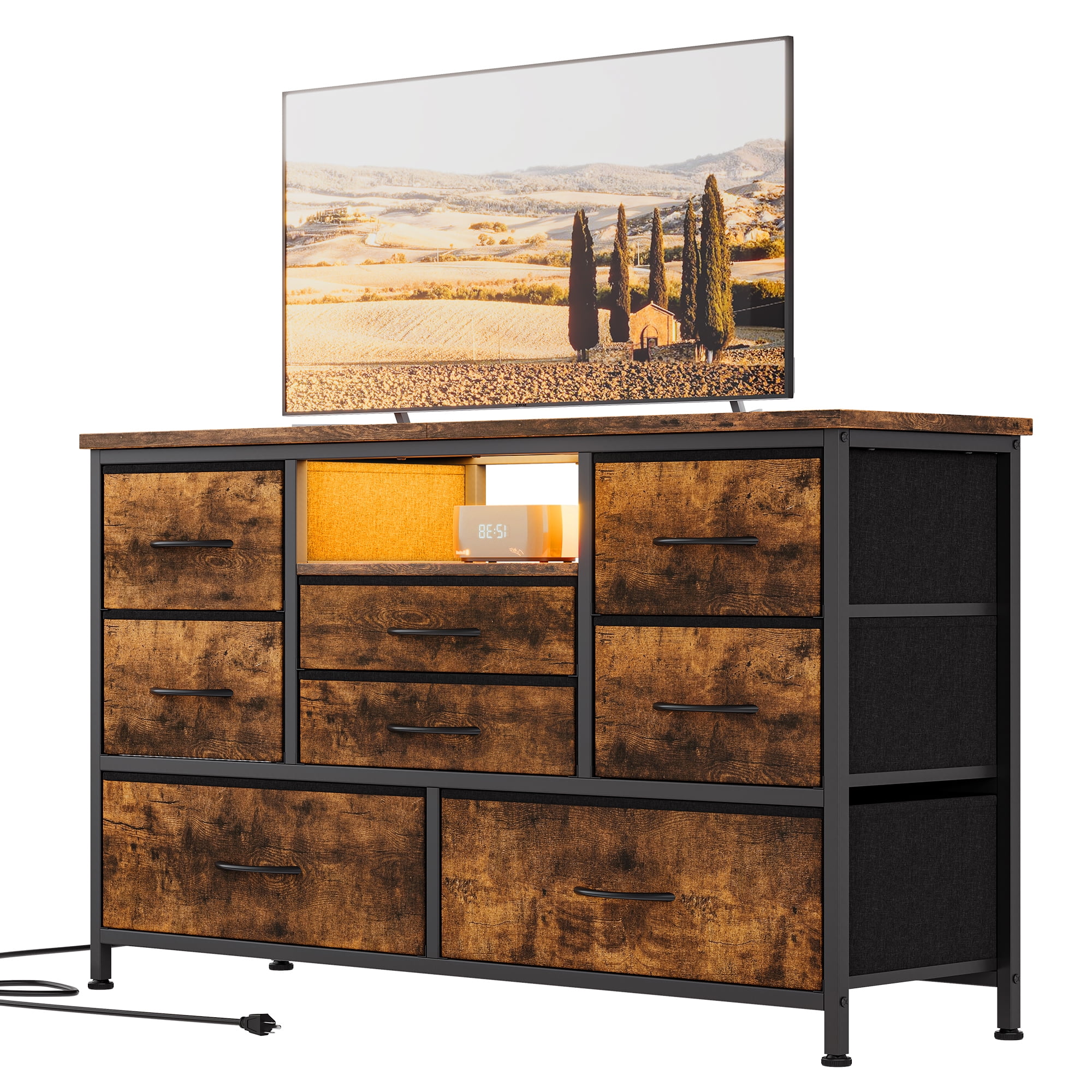 Rustic Brown MDF TV Cabinet with 8 Drawers and LED