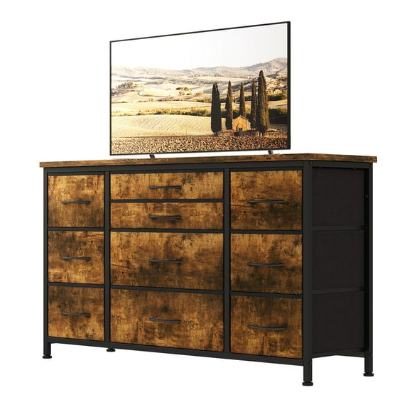 Dresser TV Stand for 55'' TV,Long Dresser with 10 Drawers,Power Outlet,Dresser Organizer for Bedroom Living Room,Sturdy Frame, Wood Top,47.2"Wx 27.6"H x 15.4"D