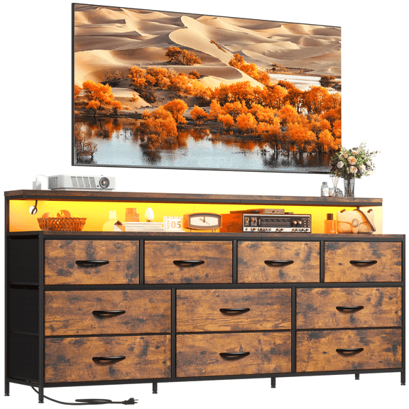 Romorgniz Rustic Brown TV Stand for 65 inch TV Dressers for Bedroom with 10 Fabric Drawers Modern TV Stand for Living Room with LED Lights & Power Outlets