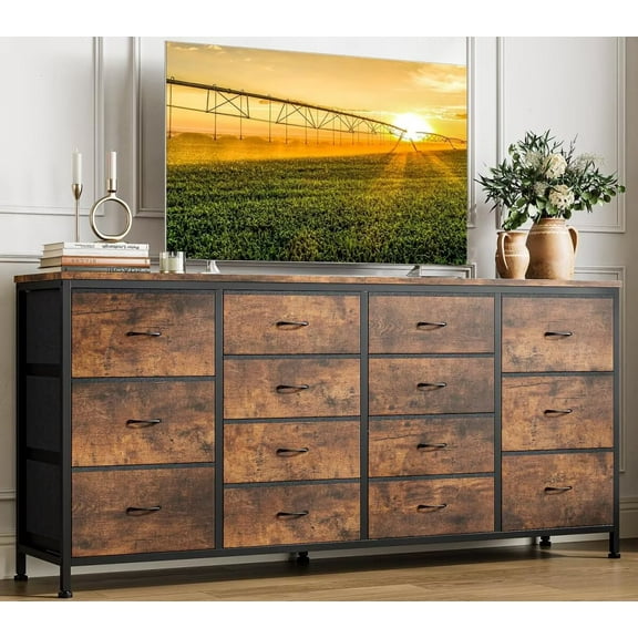 Dresser TV Stand for up to 75 Inch TV, 14 Drawer Dresser with Power Outlets & Wood Top, Long Fabric Dresser Organizer for Bedroom, Living Room, Entryway, Brown