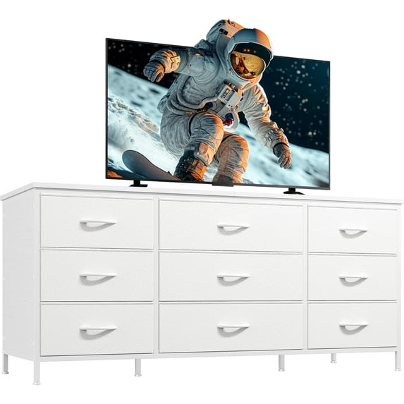 Dresser TV Stand with 9 Drawers for 60'' TV Stand for Bedroom Long Dresser for Bedroom Wide Dressers & Chests of Drawers, Sturdy Metal Frame & Wood Top, Living Room, Closet, White