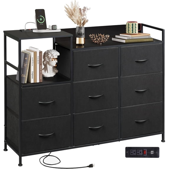 Dresser TV Stand for Bedroom with Charging Station and Open Shelves, Fabric Dresser with 8 Drawers and Wood Top, Wide Storage Chest of Drawers for Living Room, Hallway