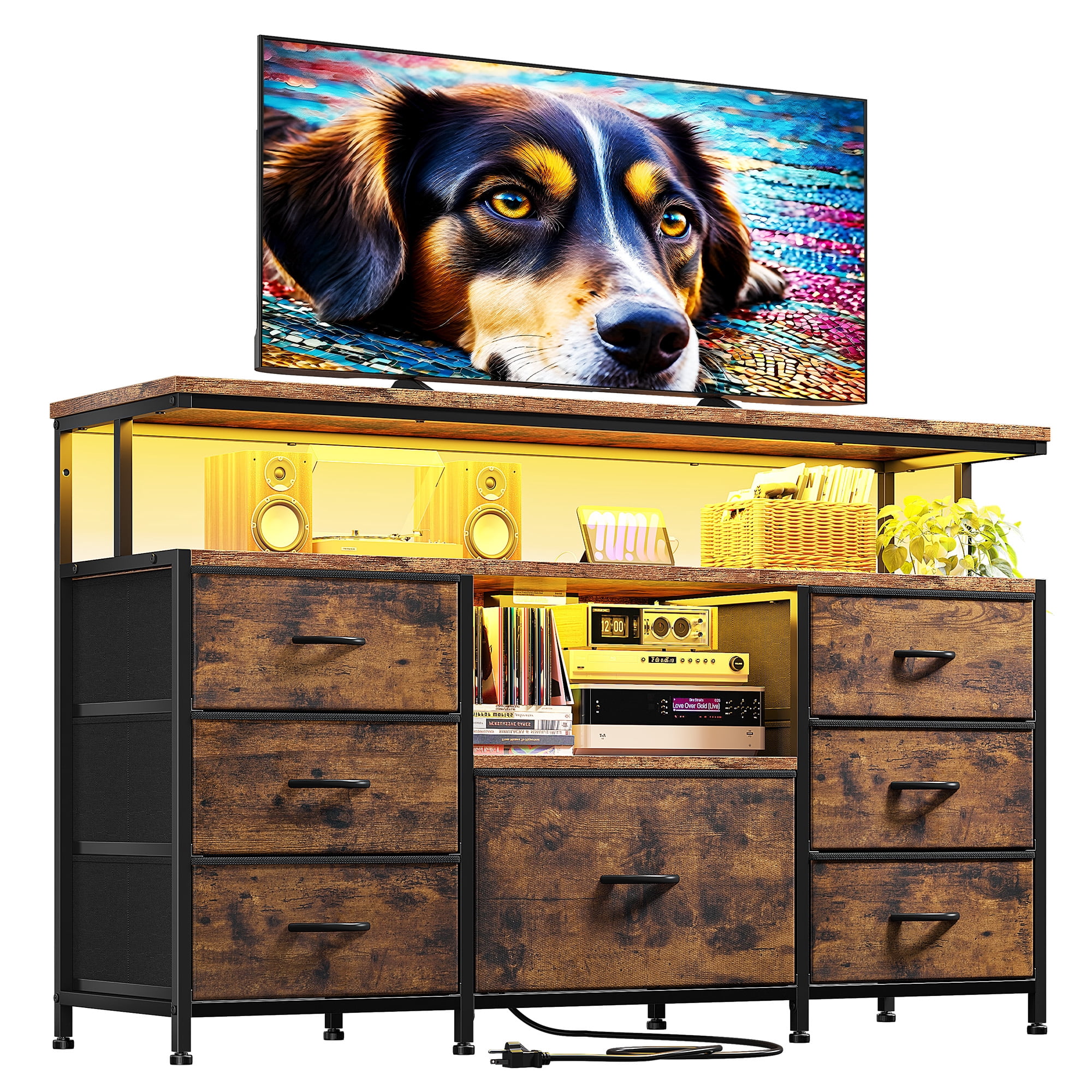 Dresser TV Stand for Bedroom with LED Lights & Power Outlets for 55" TV Wide Dresser for Bedroom with 7 Drawers & Open Shelves for Living Room, Sturdy Frame, Rustic Brown