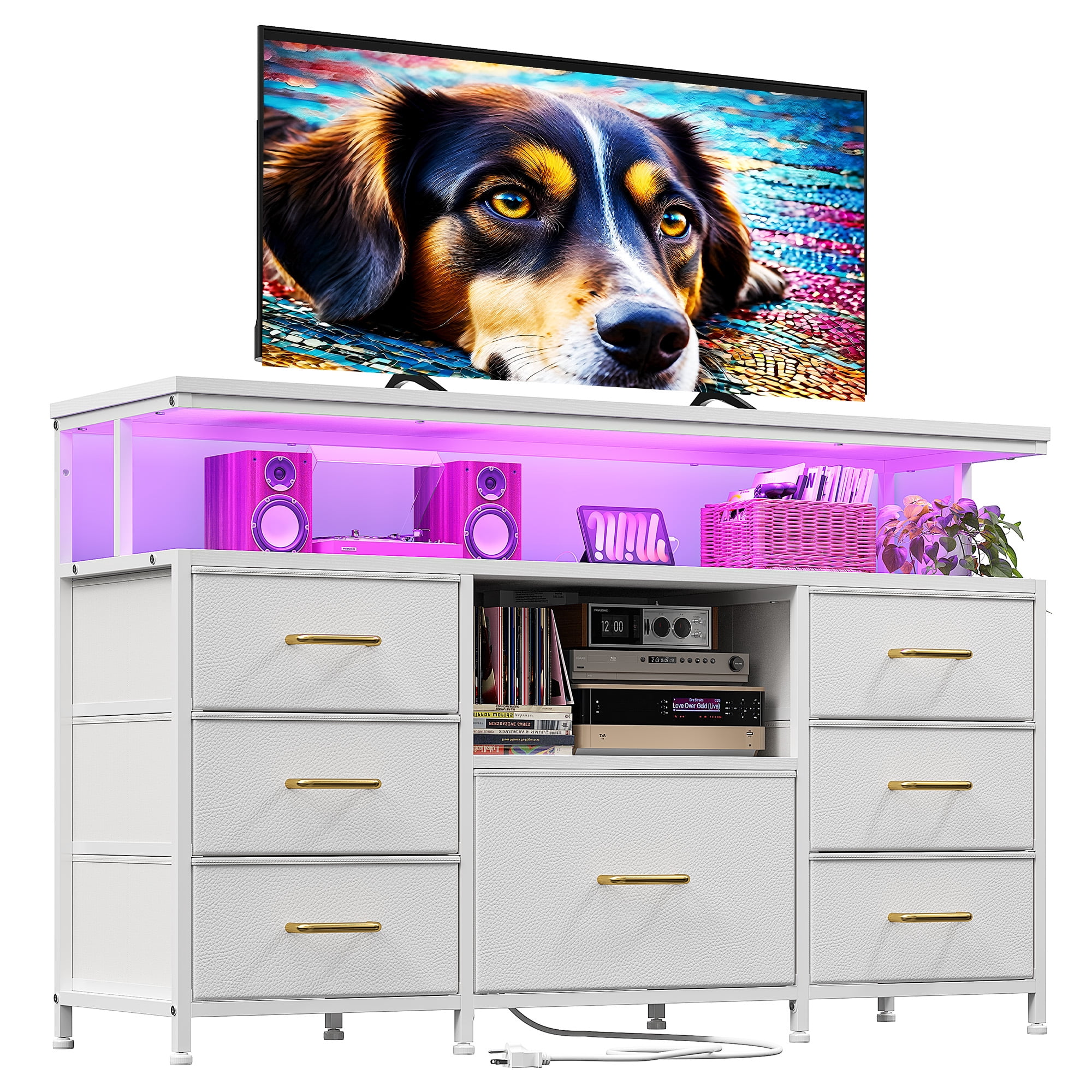 Dresser TV Stand for Bedroom with LED Lights & Power Outlets for 55" TV Wide Dresser for Bedroom with 7 Drawers & Open Shelves for Living Room, Sturdy Frame, White