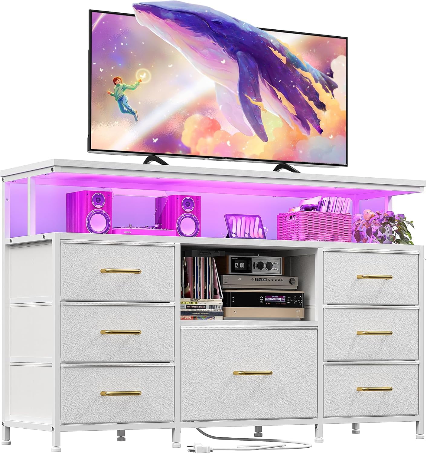 Dresser TV Stand for Bedroom with LED Lights & Power outlets for 55" TV ...