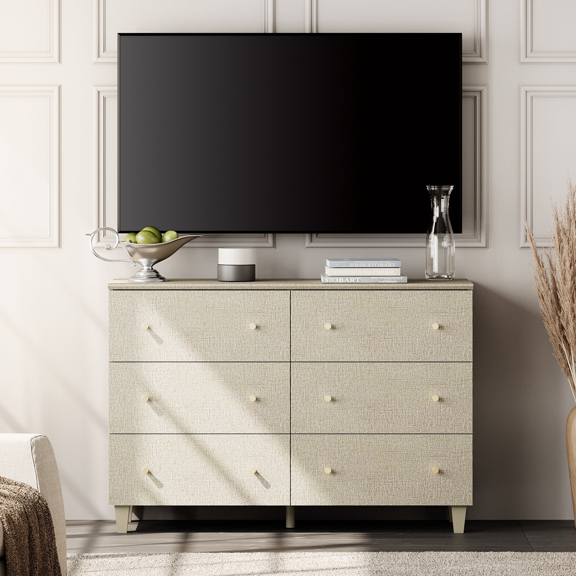 Dresser TV Stand Entertainment Center with 6 Drawers for 43/50/55 Inch TVs, Beige, 47.2 in Width