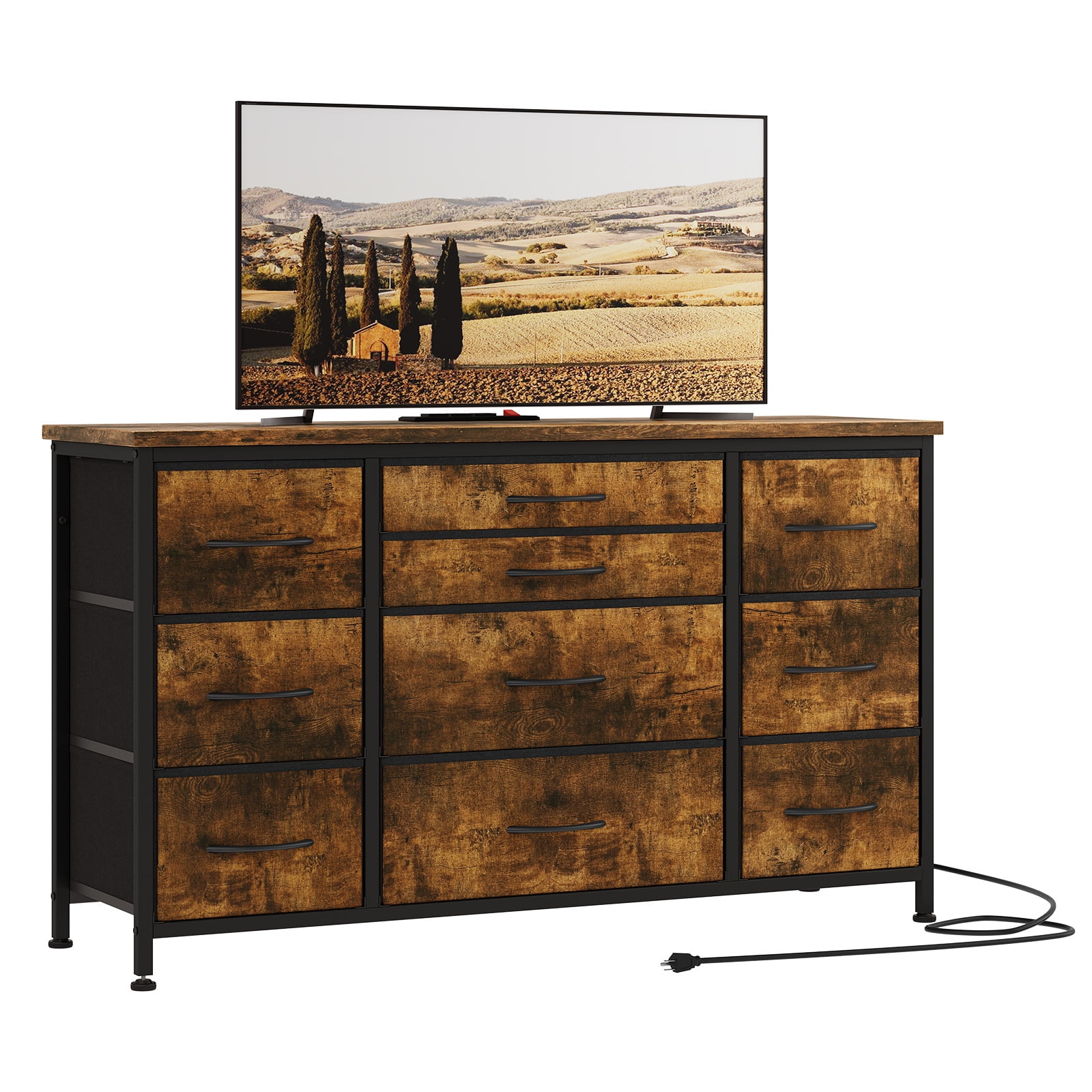 Rustic Brown 10-Drawer Dresser TV Stand with Power Outlet