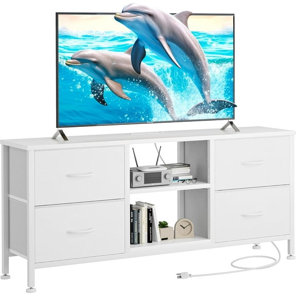 Dresser TV Stand with Power Outlet, Entertainment Center with 4 Fabric Drawers and Open Shelves for 50" TV, Media Console Table, Dresser for Bedroom, Living Room, Entryway, White