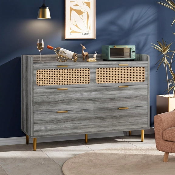 Dresser TV Stand With Railed Edge, 6 Drawer Double Dresser, Mid Century Modern Gold Closet Dresser With High Legs, Rattan Design, Large Storage Organizer For Bedroom, Living Room Dark Walnut