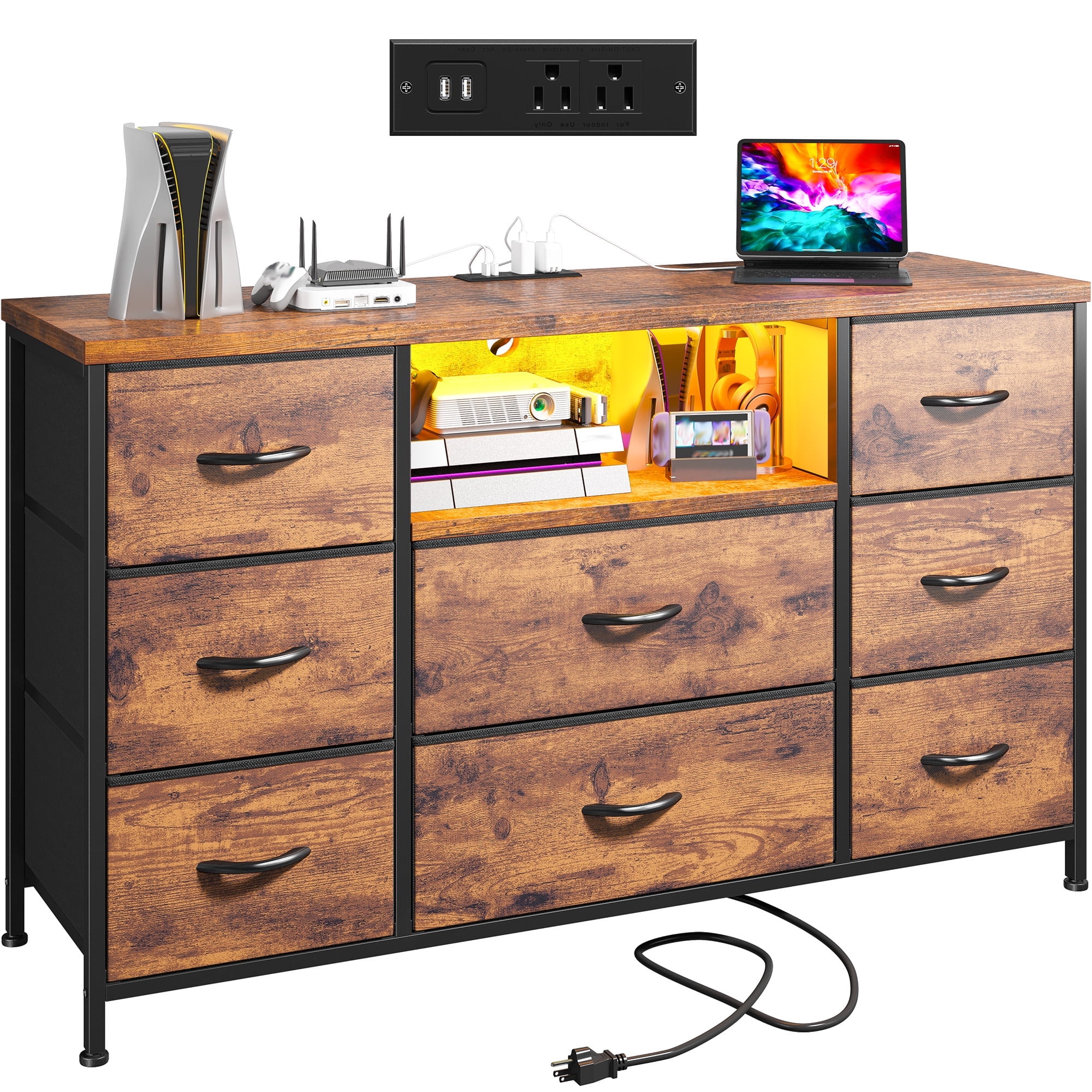 Romorgniz Dresser TV Stand for 55 inch TV with LED Lights & Charging Station Dresser for Bedroom with 8 Drawers, Rustic Brown